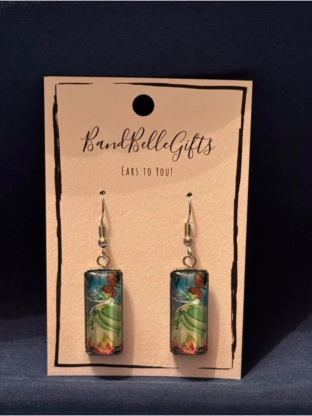 Disney Fan Tiana silver bar dangle earrings